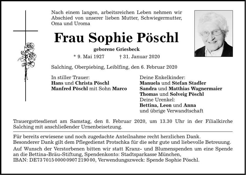 Traueranzeige Sophie Pöschl