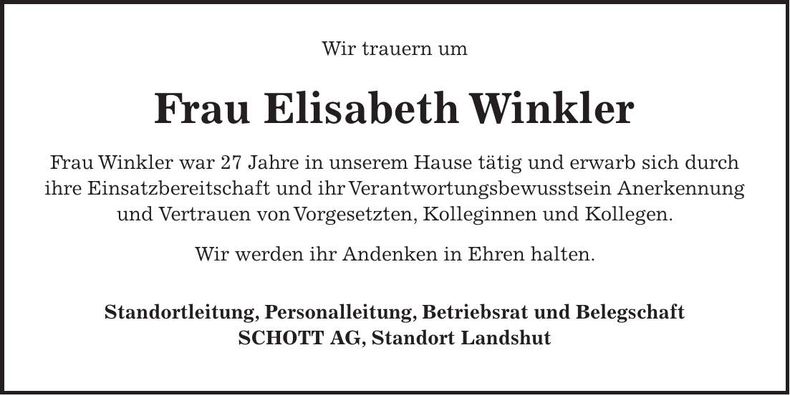 Traueranzeige Elisabeth Winkler
