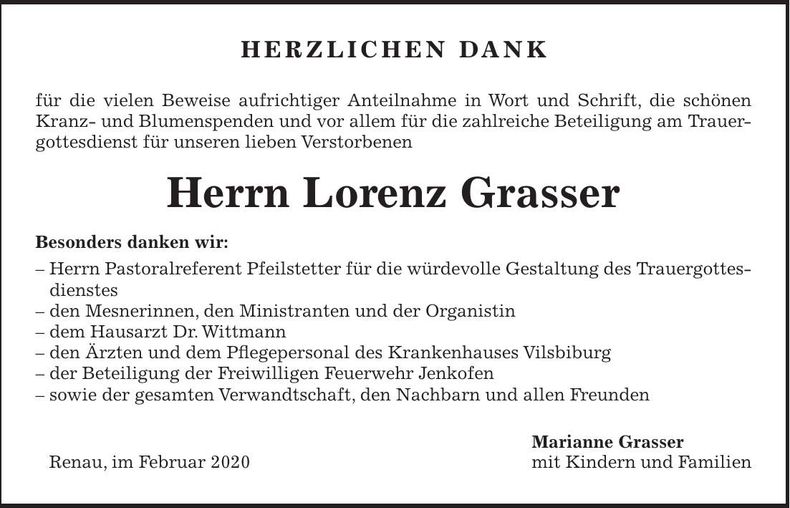 Traueranzeige Lorenz Grasser