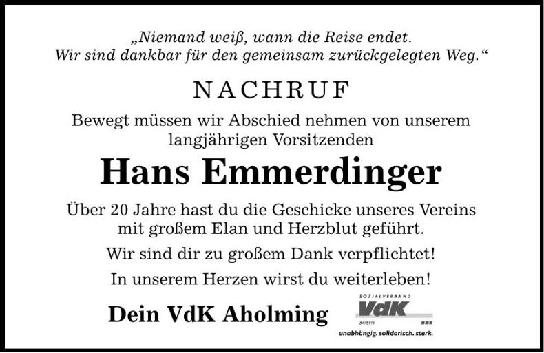 Traueranzeige Johann Emmerdinger