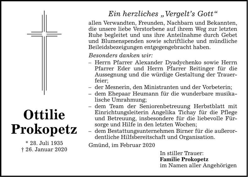 Traueranzeige Ottilie Prokopetz