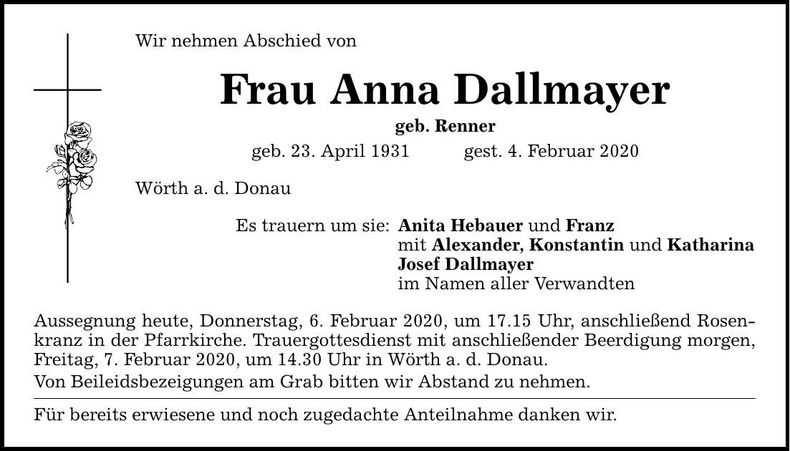 Traueranzeige Anna Dallmayer