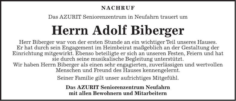 Traueranzeige Adolf Biberger