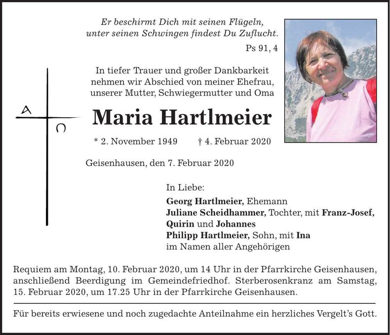 Traueranzeige Maria Hartlmeier