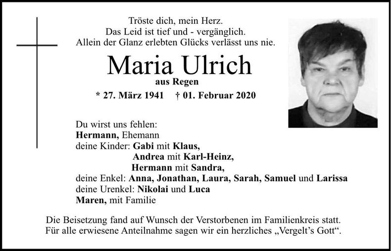 Traueranzeige Ulrich Maria
