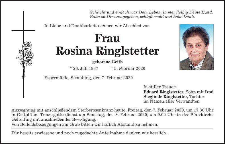 Traueranzeige Rosina Ringlstetter
