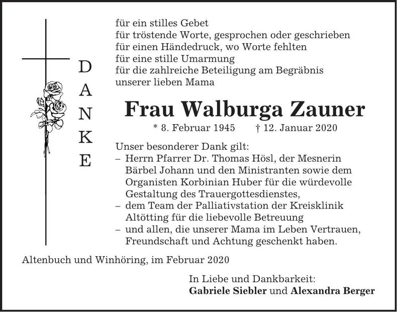 Traueranzeige Walburga Zauner