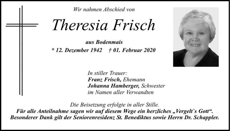 Traueranzeige Frisch Theresia