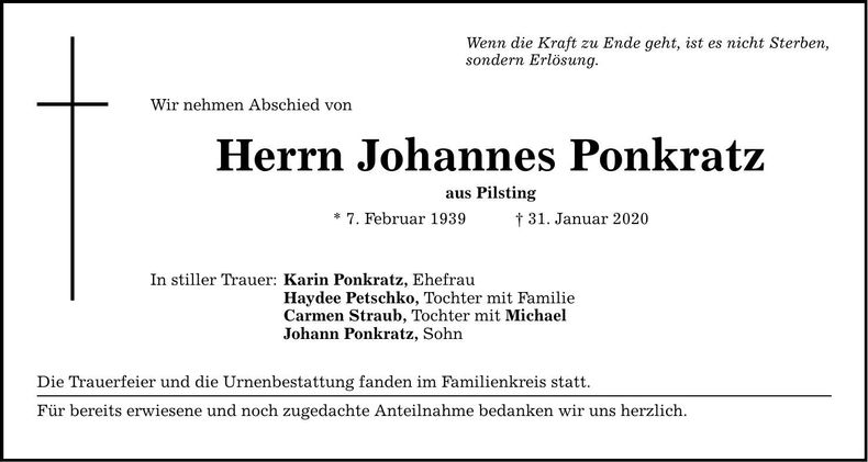 Traueranzeige Johannes Ponkratz