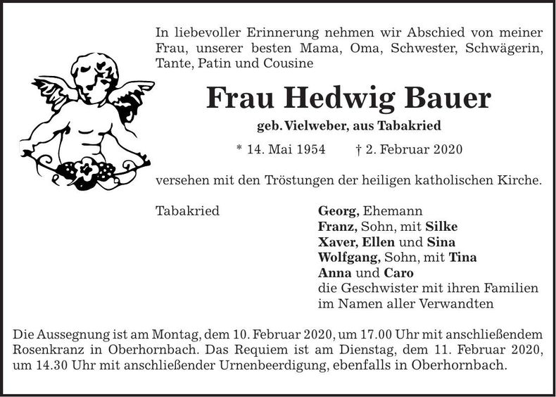 Traueranzeige Hedwig Bauer