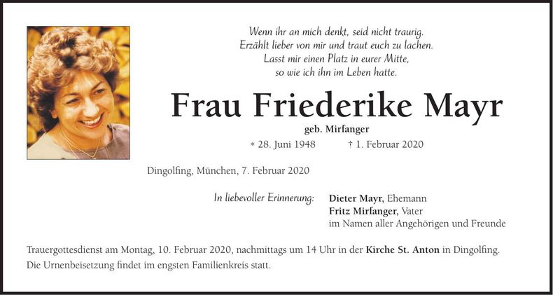 Traueranzeige Friederike Mayr