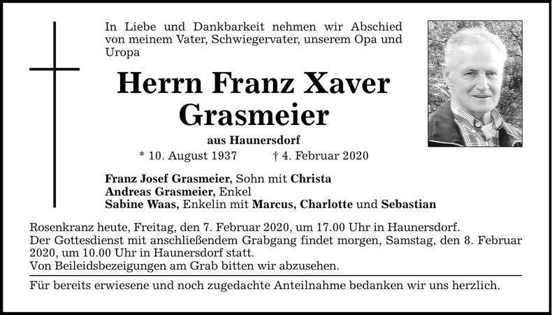 Traueranzeige Grasmeier Franz Xaver
