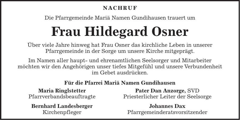 Traueranzeige Hildegard Osner