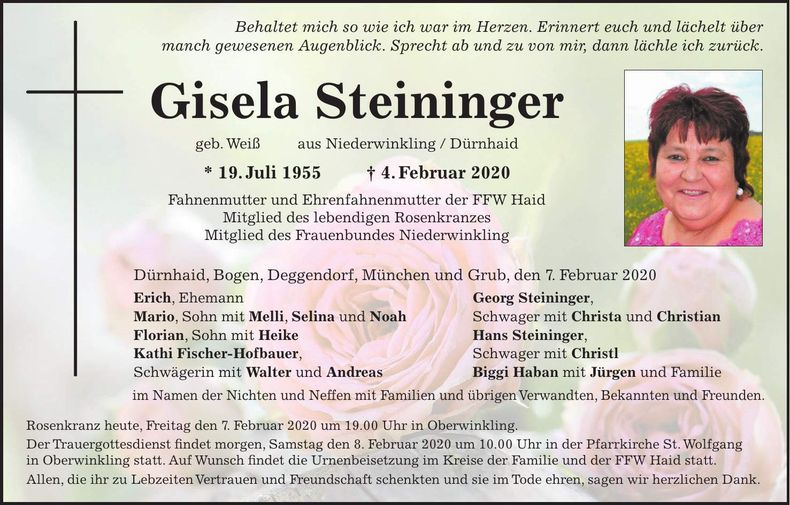 Traueranzeige Gisela Steininger