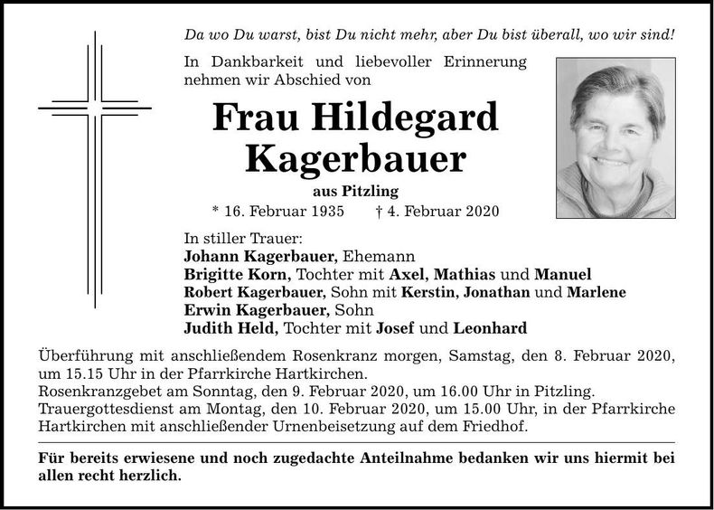 Traueranzeige Hildegard Kagerbauer