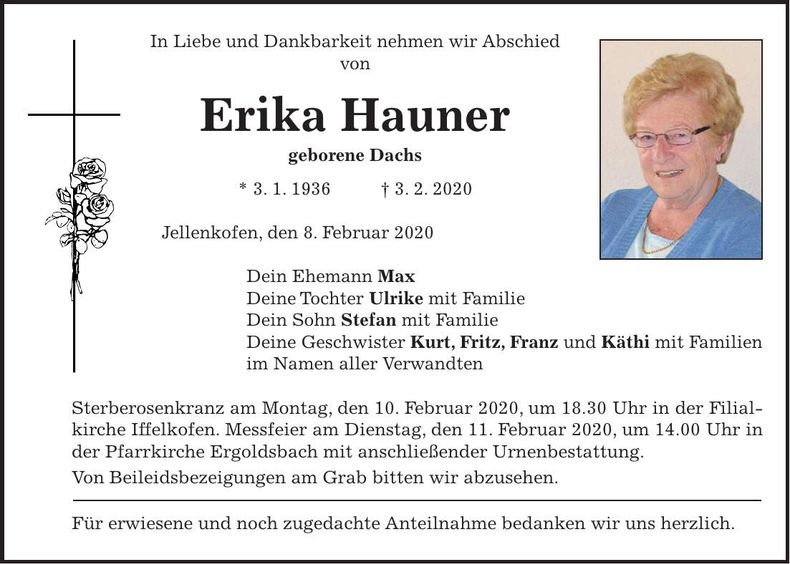 Traueranzeige Erika Hauner