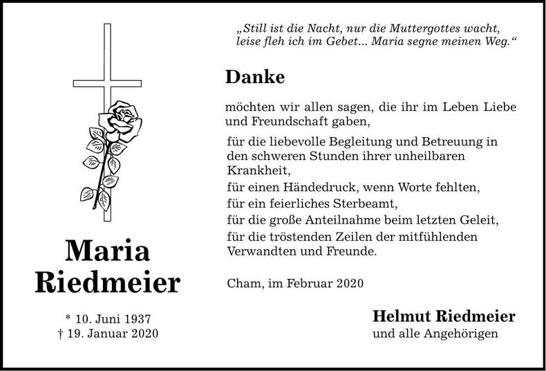 Traueranzeige Maria Riedmeier