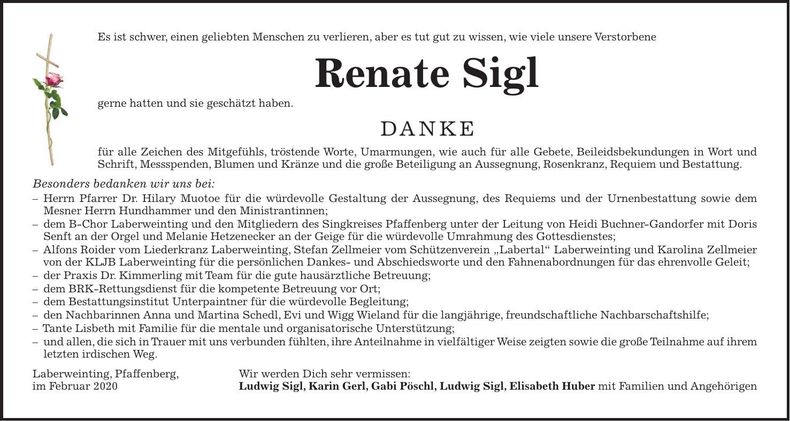 Traueranzeige Renate Sigl