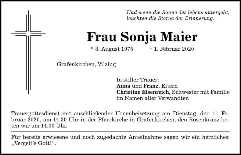 Traueranzeige Sonja Maier