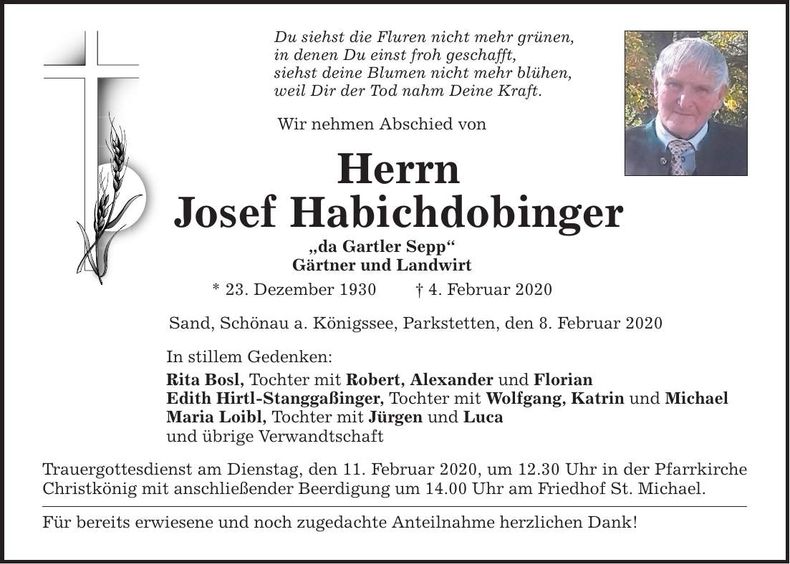 Traueranzeige Josef Habichdobinger