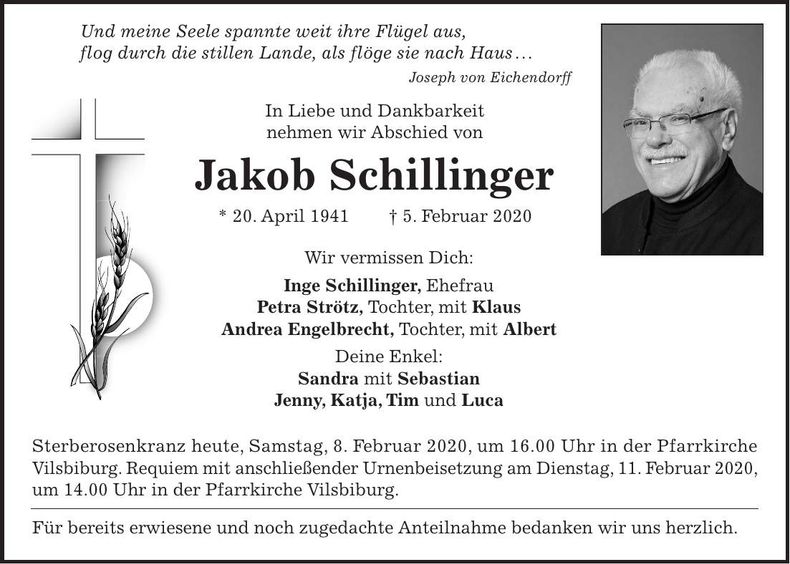 Traueranzeige Jakob Schillinger