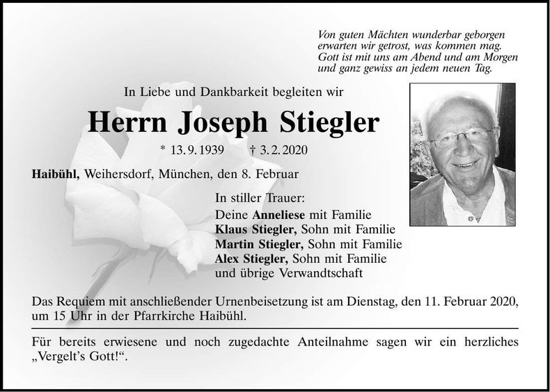 Traueranzeige Joseph Stiegler