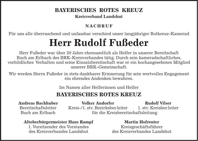 Traueranzeige Rudolf Fußeder