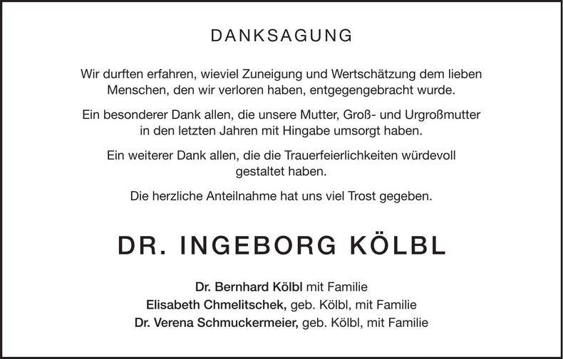 Traueranzeige Ingeborg Kölbl