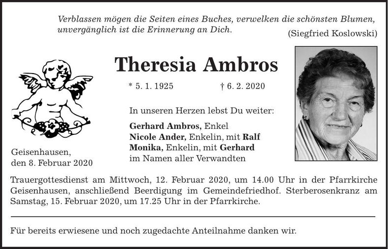 Traueranzeige Theresia Ambros