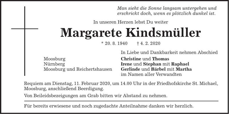 Traueranzeige Margarete Kindsmüller