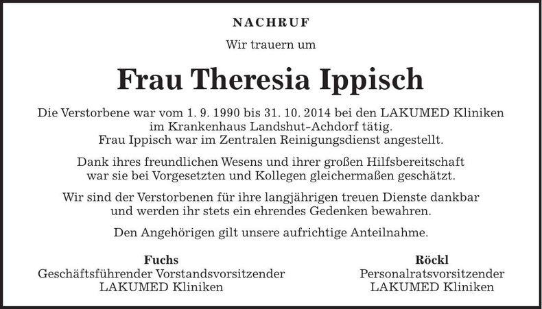 Traueranzeige Ippisch Theresia
