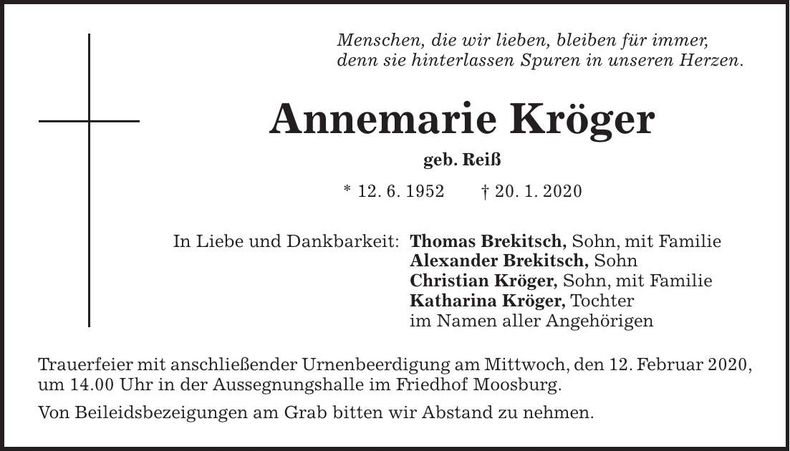 Traueranzeige Annemarie Kröger