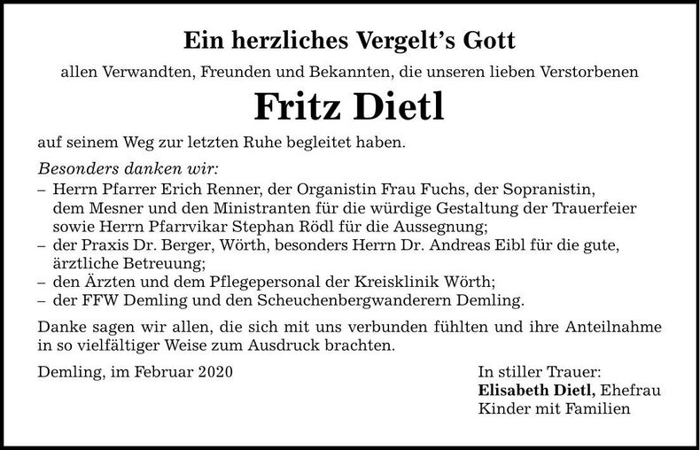 Traueranzeige Fritz Dietl