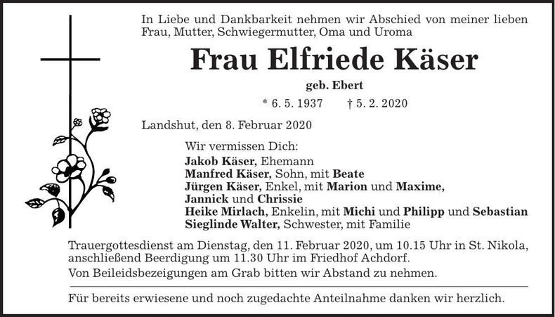 Traueranzeige Elfriede Käser