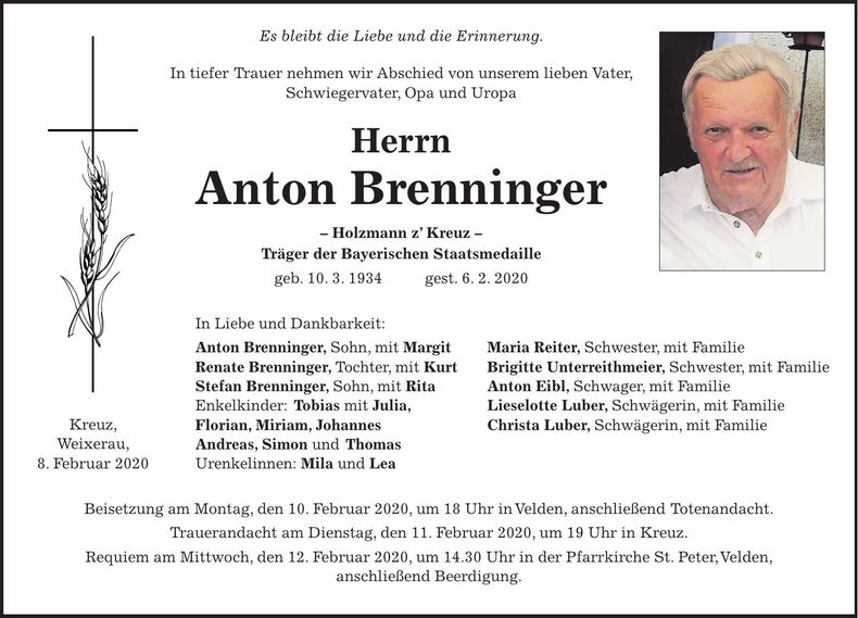 Traueranzeige Anton Brenninger