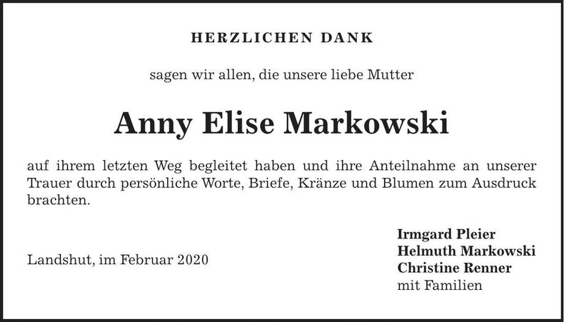 Traueranzeige Anny Elise Markowski