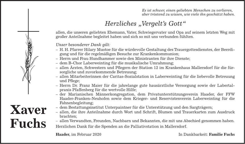 Traueranzeige Xaver Fuchs