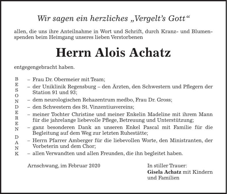 Traueranzeige Alois Achatz