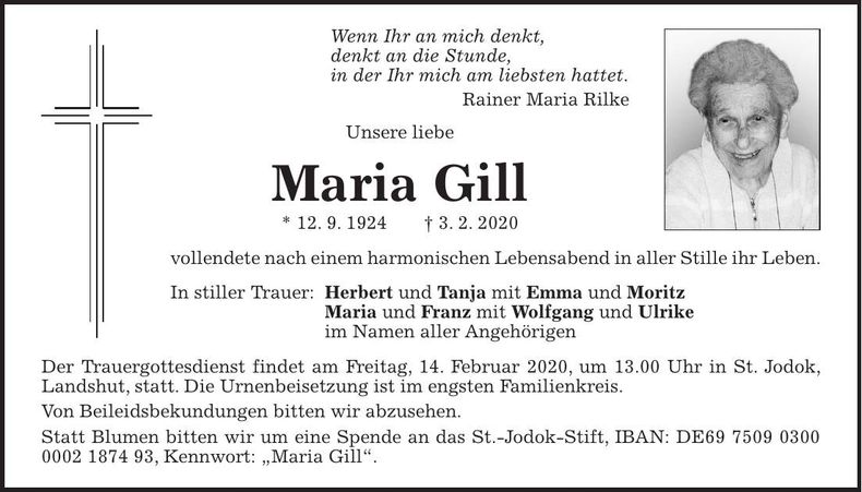Traueranzeige Maria Gill