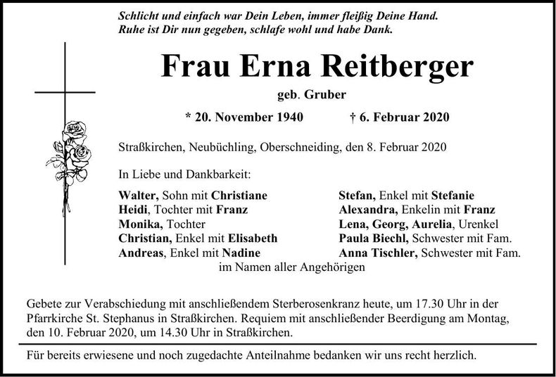 Traueranzeige Erna Reitberger
