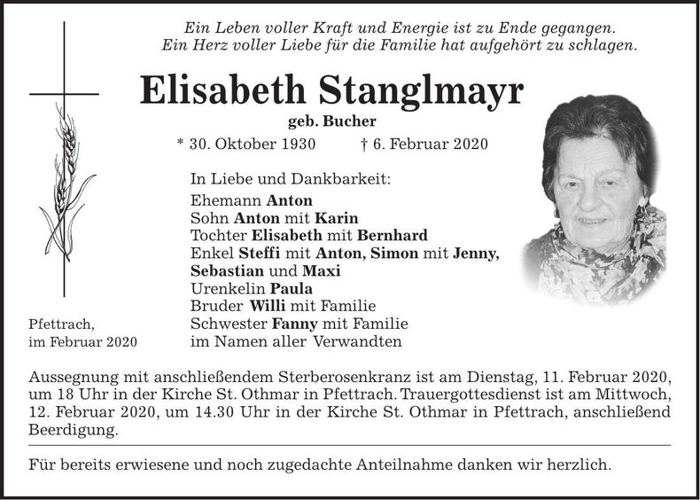Traueranzeige Elisabeth Stanglmayr