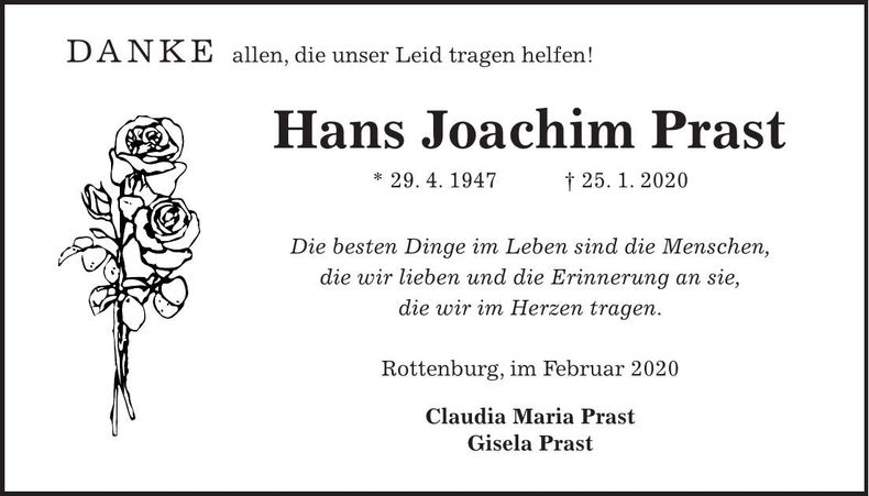 Traueranzeige Hans Joachim Prast