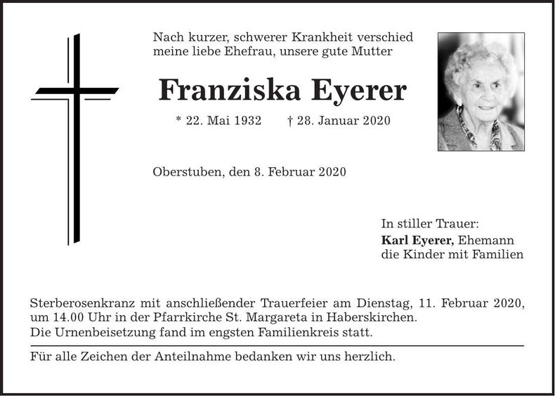 Traueranzeige Franziska Eyerer
