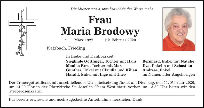Traueranzeige Maria Brodowy