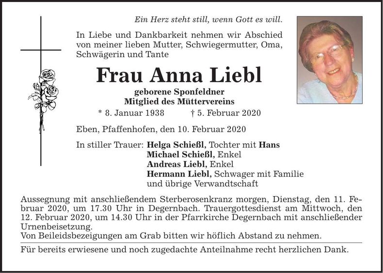 Traueranzeige Anna Liebl