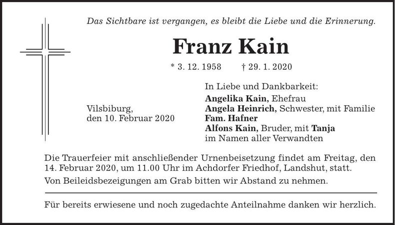 Traueranzeige Franz Kain