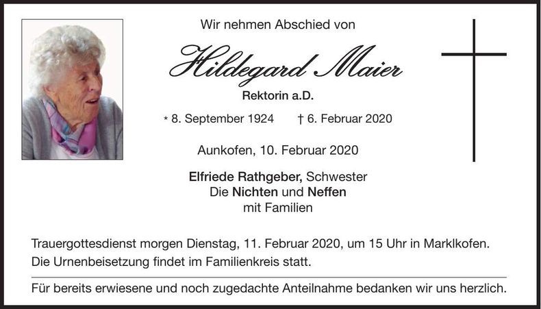 Traueranzeige Hildegard Maier