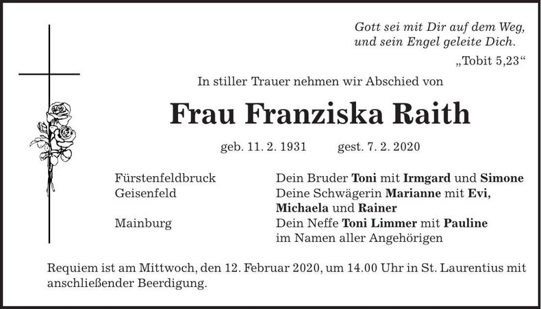 Traueranzeige Franziska Raith