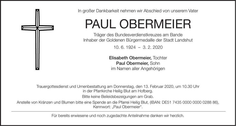 Traueranzeige Paul Obermeier