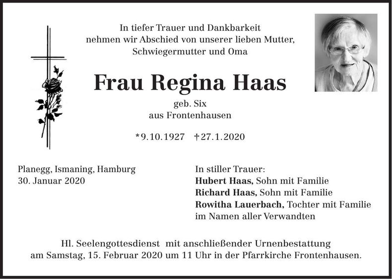 Traueranzeige Regina Haas